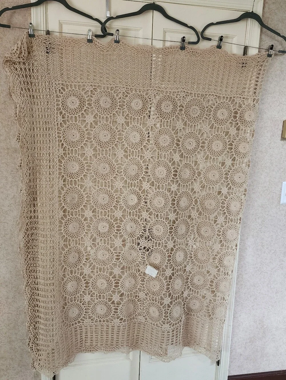 NWT.Beige Hand Work  Crochet Lace Tablecloth  Neutral Table Linen 100% Cotton.